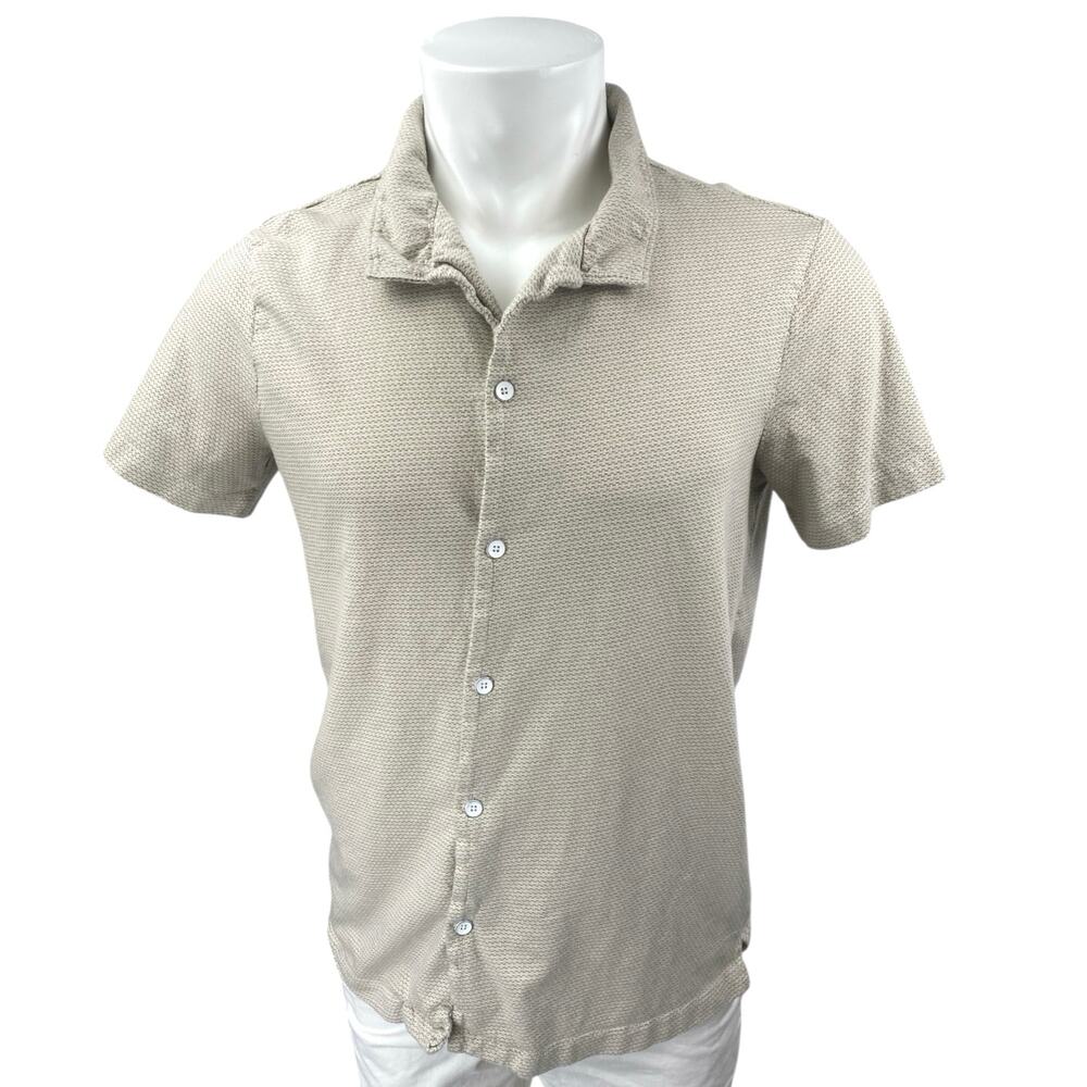 Free Planet Men's Beige Textured Knit Short Sleeve Button Up Collar Shirt Top M